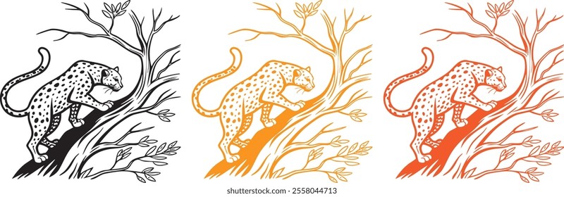 A leopard crouched low on a tree branch, with its tail curled around and detailed spots across its body. Sharp claws grip the branch. Black line art.