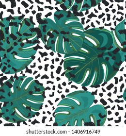 Leopard detailed pattern with tropic leaves vibrant seamless pattern