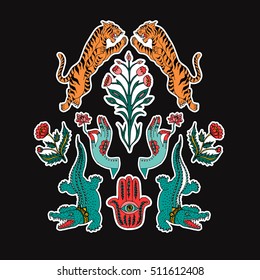 Leopard  in different poses and flower, crocodile print. Vector illustration