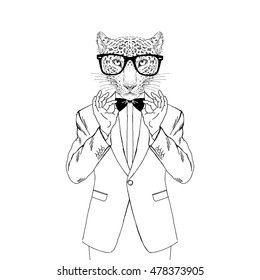 leopard dressed up in tuxedo adjusting his bow tie, anthropomorphic illustration, fashion animals