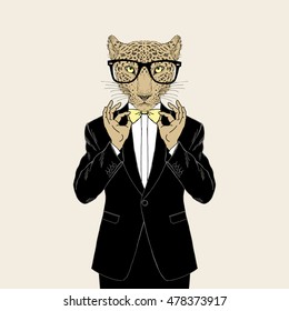 leopard dressed up in tuxedo adjusting his bow tie, anthropomorphic illustration, fashion animals