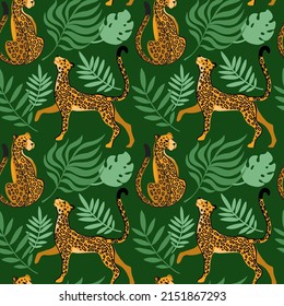 Leopard en jungla. Wild animals. Seamless pattern on green background. Vector illustration. Summer print.