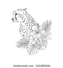 Leopard with exotic floral plant garland hand drawn inky sketch. African wild cat, cheetah black and white illustration. Monochrome jaguar realistic design element