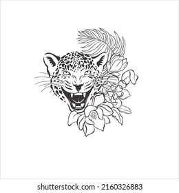 Leopard with exotic flowers and leaves on white background. Vector Wild Animal. Safari.