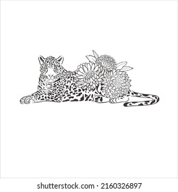 Leopard with exotic flowers and leaves on white background. Vector Wild Animal. Safari.
