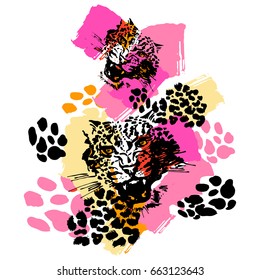Leopard exotic wild cat  pattern. Textile ink brush strokes design in doodle grunge texture style.Unique scrapes, watercolor blotted background for a logo, cards, invitations, posters, banners.