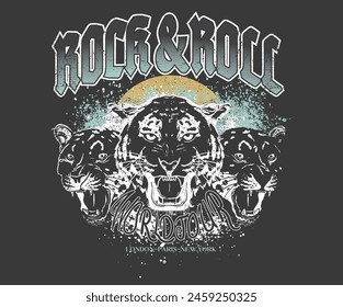 Leopard face artwork. Rock tour print. Rock and roll print design for t shirt and others. Vintage music poster. Animal world tour print design.