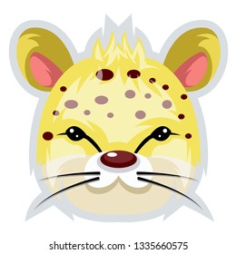 Cara leopardo con puntos negros y orejas rosas en fondo blanco, vector, dibujo de color o ilustración.