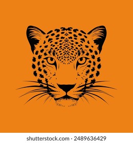 Leopard face drawing staring with intense eyes on orange background.