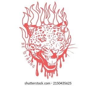 Leopard face with fire graphic print design. Animal face artwork for posters, stickers, background and others. Wild cat illustration. Be strong. 