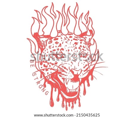 Leopard face with fire graphic print design. Animal face artwork for posters, stickers, background and others. Wild cat illustration. Be strong. 