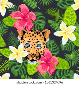 Leopard face with jungle leaves, tropical flowers seamless pattern. Vector illustration.