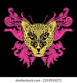 leopard face and pink butterfly design for t-shirt on a black background.