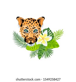 Leopard face with tropical leaves, plumeria exotic flower. Design for flyer, poster, t-shirt print, invites, sticker, pattern, ecological concept. Vector illustration on white background.