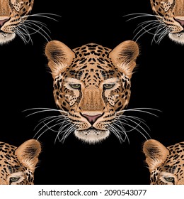 Leopard face vector seamless pattern on black background