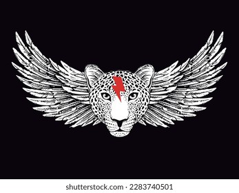 Leopard face with wings design for t-shirt isolated on black. Red thunderbolt