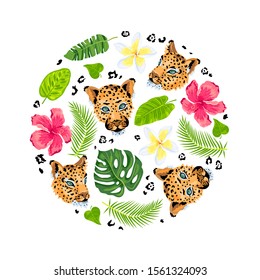 Leopard faces with jungle leaves, tropical flowers. Vector illustration on white background. Circle concept. Great for flyer, invitation, print. 