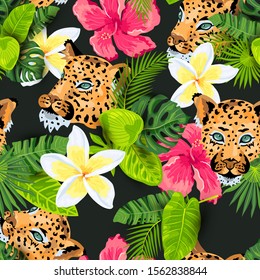 Leopard faces with jungle leaves, tropical flowers seamless pattern. Vector illustration.