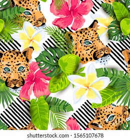 Leopard faces with jungle leaves, tropical flowers seamless pattern. Vector illustration.