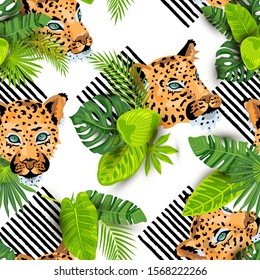 Leopard faces with tropical leaves seamless pattern. Vector illustration.