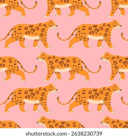Leopard in flat style seamless pattern on light background