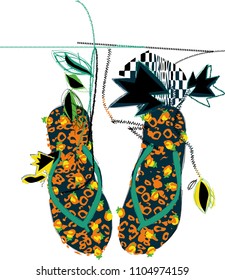 Leopard flip-flops with flower and leaf decorations, vector design for print on tshirt or fashion icon.