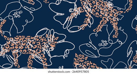 Leopard and Floral Line Art on Navy Background
