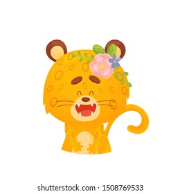 Leopard with a flower on his head. Vector illustration on a white background.
