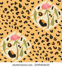 Leopard and flower seamless pattern collage. Animal skin and floral mixed media print endless background. Exotic wild repeat cover. Stylized spots simply loop ornament. Vector hand drawn illustration.