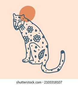 Leopard flowers childish cartoon groovy doodle boho illustration naive funky handdrawn style art vector