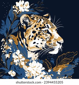 Leopardo y flores. Ilustración vectorial dibujada a mano en estilo vintage.