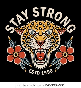 Leopard and flowers with old school tattoo style