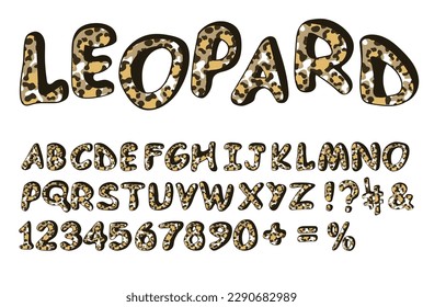 Leopard font. Hand drawn doodle alphabet of wildcats prints. Modern Uppercase letters and numbers on white background. Spotted animals. Vector illustration