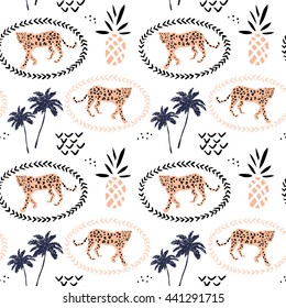 Leopard in the frame, pineapples and palm trees on the white background. Vector seamless pattern with animal and fruit. Tropical hand drawn illustration.