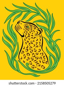 Leopard framed by tropical leaves. Bright colorful tropical vector pattern with exotic animal. Nature jungle pattern. T-shirt design.
