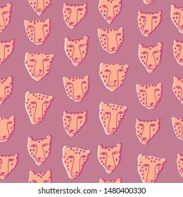 Leopard funny heads seamless pattern. Tigers contemporary repeat print. Isolated animals heads on the pink and purple background.
