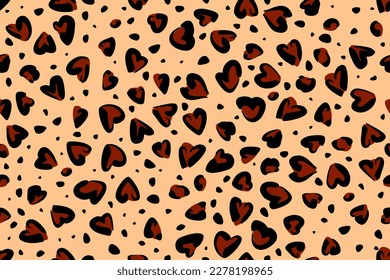 Leopard fur seamless pattern with heart shaped stains. Vector illustration. Abstract wild animal print for textile and fabric