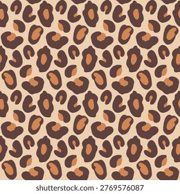 Leopard fur seamless pattern or panther print in brown and beige skin. Classic spot and rosette in trendy leopard vector for apparel. Organic fur motif with cheetah print in warm tropical texture.