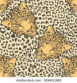 Leopard fur texture and  leopard faces. Seamless pattern. Hand-drawn vector illustration. Animal art background.