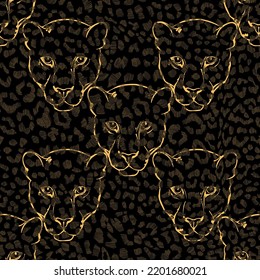 Leopard fur texture and leopard faces. Seamless pattern. Hand-drawn vector illustration. Animal art background.