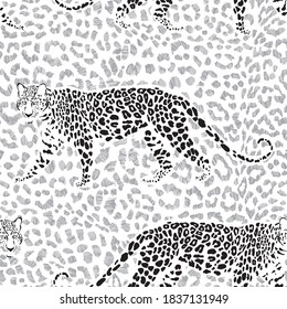 Leopard fur texture and  leopards. Seamless pattern. Hand-drawn vector illustration. Animal art background.