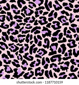 Leopard fur texture seamless pattern. Exotic animal design. Vector illustration background with pastel pink and purple colors.