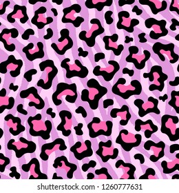 Leopard fur texture seamless pattern. Animal print. Pink and red colored vector background.