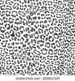 Leopard fur texture. Seamless pattern wild animal skin with print.  Hand-drawn vector illustration. Black and white.