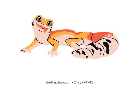 Leopard gecko with colourful patterned skin. Cute fat tailed lizard. Little exotic reptile, small animal of jungle. Rainforest fauna. Tropical reptilian. Flat isolated vector illustration on white