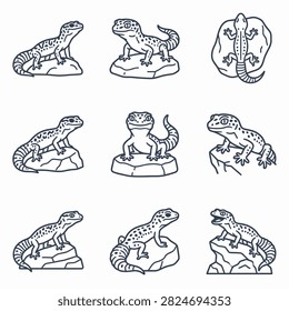 Leopard gecko lizard line art collection on rocks.