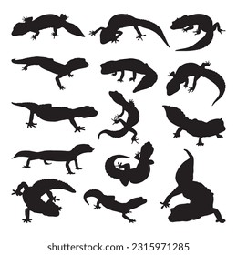 leopard gecko silhouette set collection isolated black on white background vector illustration