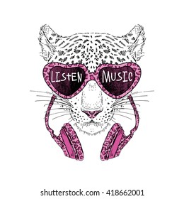 leopard girl portrait in sunglasses and headphones with leopard pattern, hand drawn graphic, t-shirt print, animal illustration