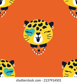 Leopard girl rock star animal seamless pattern. Hand drawn colorful doodle cartoon character in rock accessories. Ideal for baby clothes, textiles, wallpaper, wrapping paper