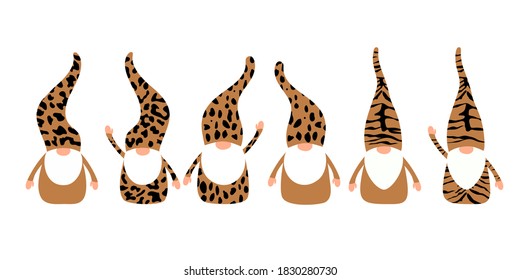 Leopard gnomes with cheetah print gnomes and gnomes with tiger stripes. Great to use for Christmas, Fall or Valentine Days. Cute characters in simple cartoon flat vector style. Isolated on white.